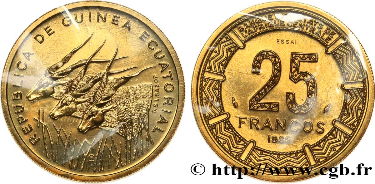 GUINÉE ÉQUATORIALE Essai de 25 Francos BEAC antilopes 1985 Paris FDC 