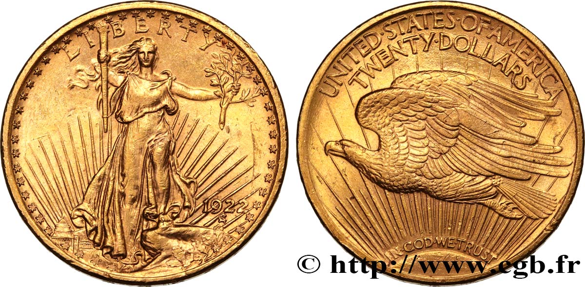 OR, PALLADIUM ET PLATINE INVESTISSEMENT 20 Dollars  Saint-Gaudens” 1922 Philadelphie SUP 