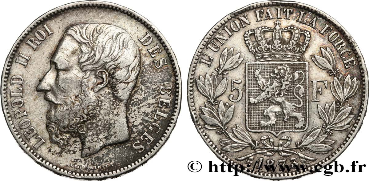 BELGIEN 5 Francs Léopold II 1873  SS 