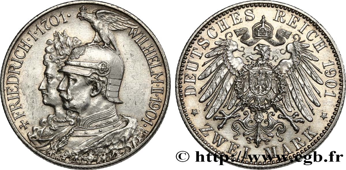 ALLEMAGNE - PRUSSE 2 Mark Guillaume II 200e anniversaire de la Prusse 1901 Berlin SUP 