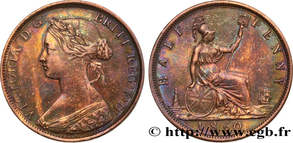 ROYAUME-UNI 1/2 Penny Victoria “Bun Head” 1860  SUP 