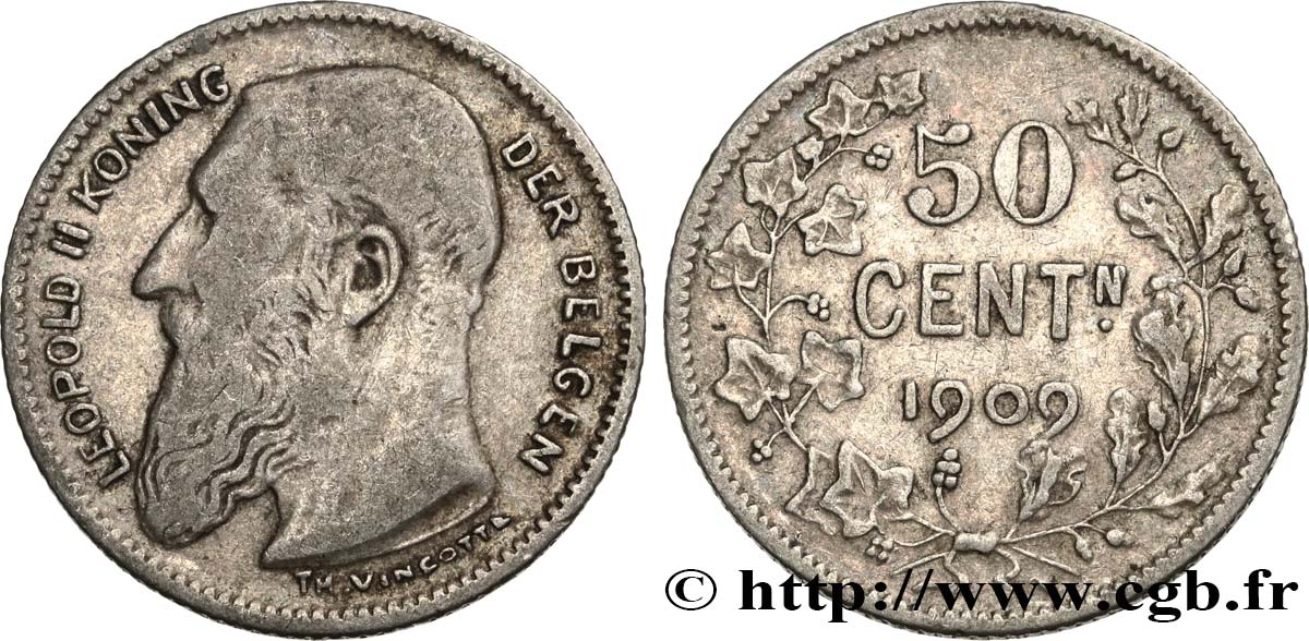 BÉLGICA 50 Centiemen (Centimes) Léopold II légende en flamand 1909  BC+ 