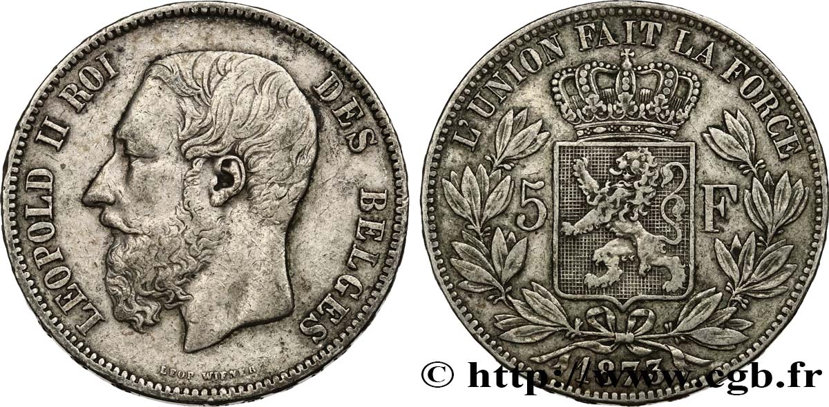 BELGIQUE 5 Francs Léopold II 1873  TTB 
