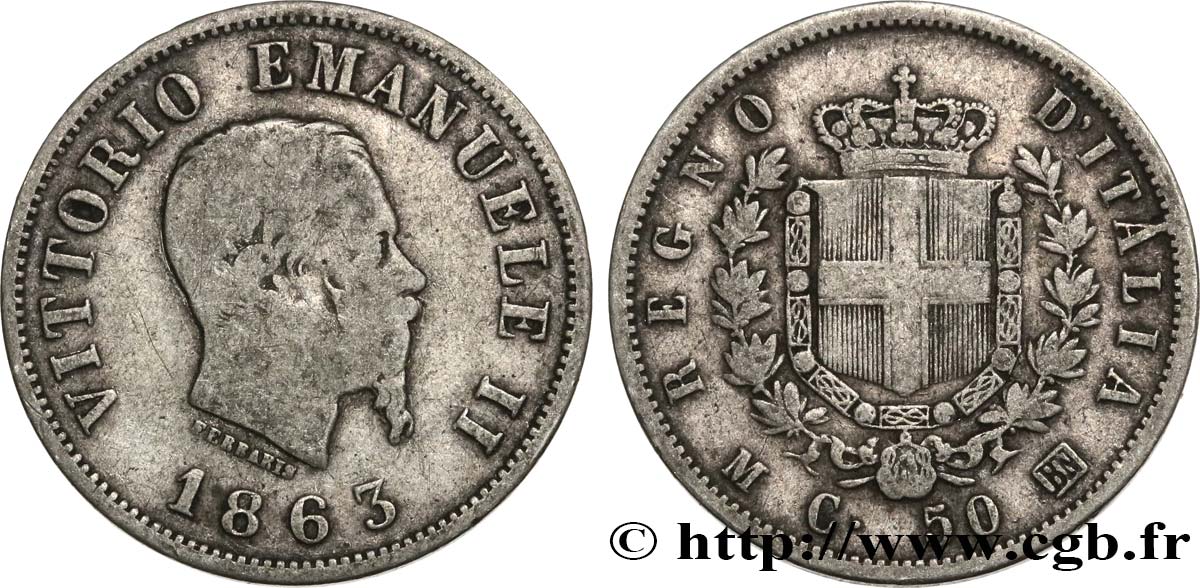 ITALIE 50 Centesimi Victor Emmanuel II type à l’écu 1863 Milan TB+ 