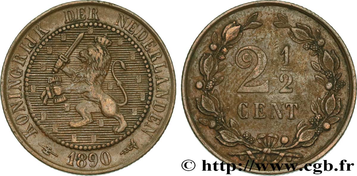 NETHERLANDS 2 1/2 Cents lion couronné 1890 Utrecht XF 