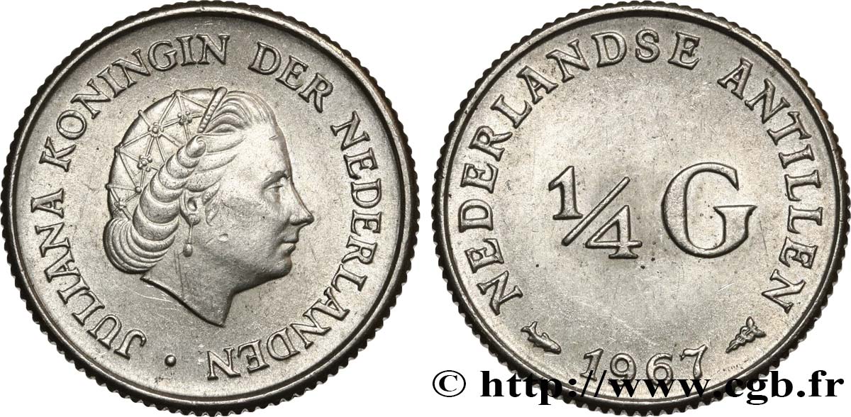 ANTILLES NÉERLANDAISES 1/4 Gulden reine Juliana 1967 Utrecht SPL 