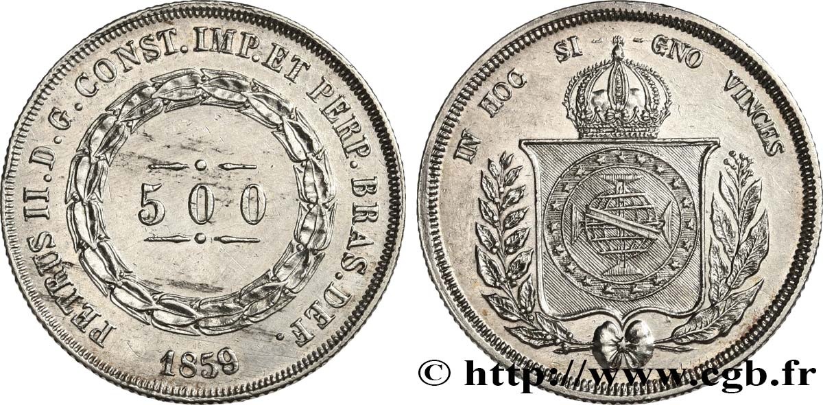 BRAZIL 500 Reis Pierre II 1859  AU 
