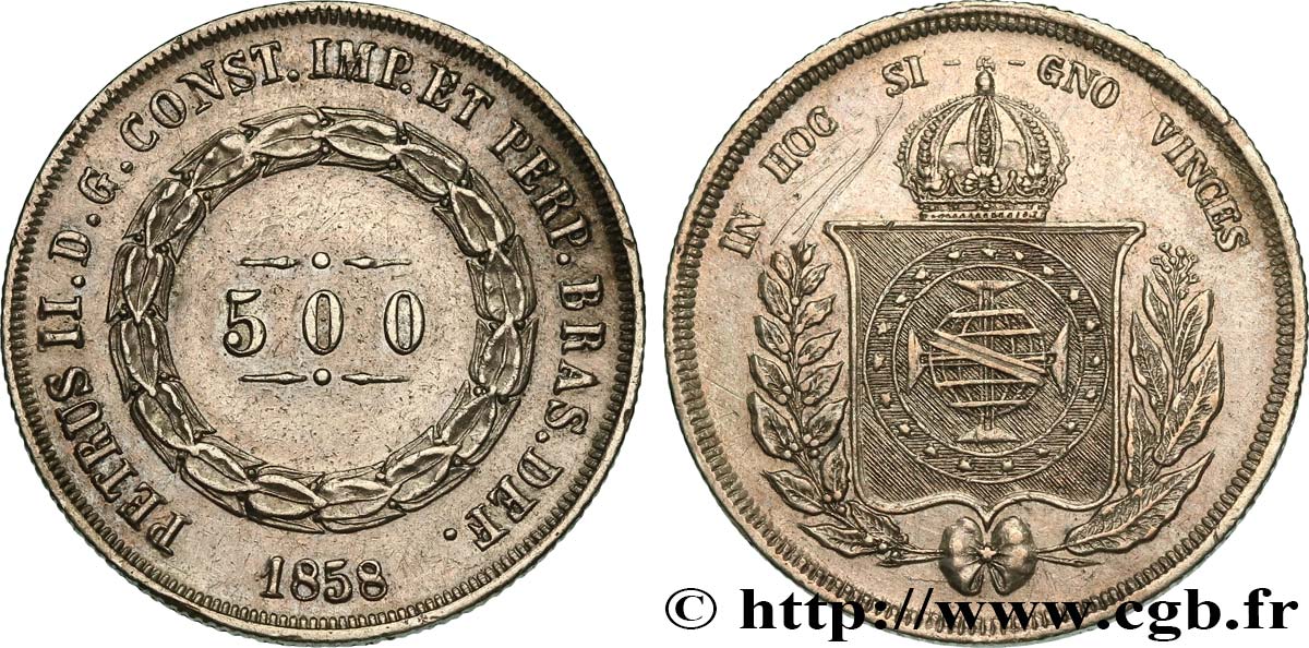 BRAZIL 500 Reis Pierre II 1858  AU 