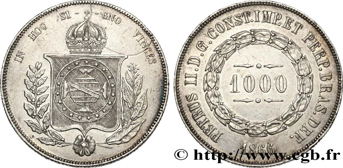 BRAZIL 1000 Reis Empereur Pierre II 1866  AU/AU 