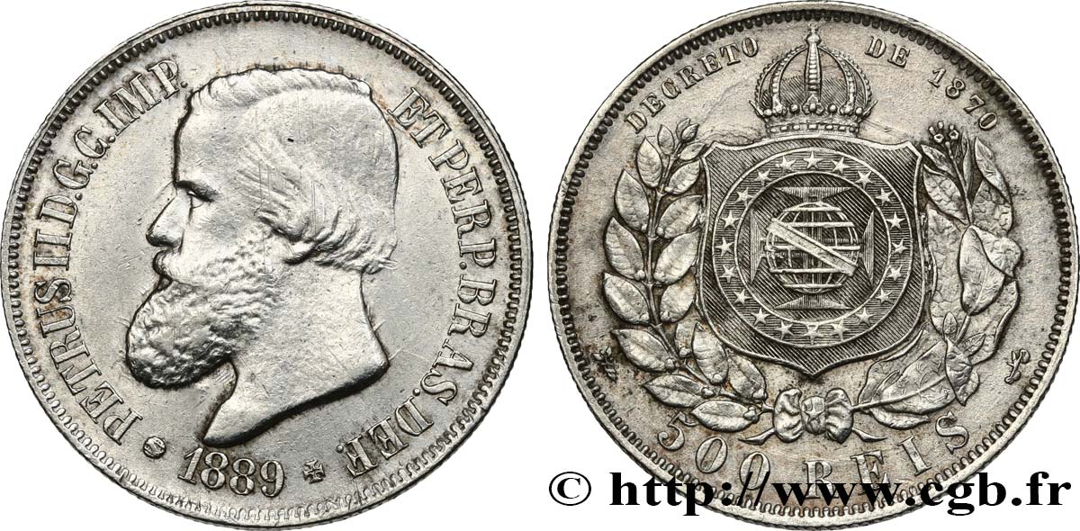 BRAZIL 500 Reis Empereur Pierre II 1889  AU 