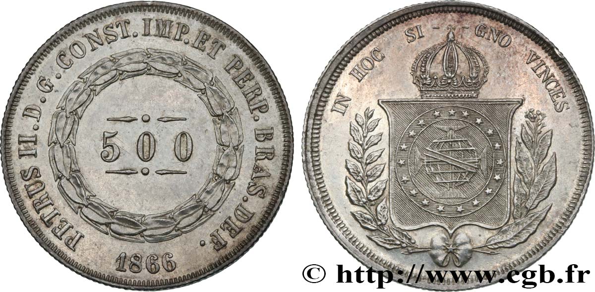 BRAZIL 500 Reis Pierre II 1866  AU 