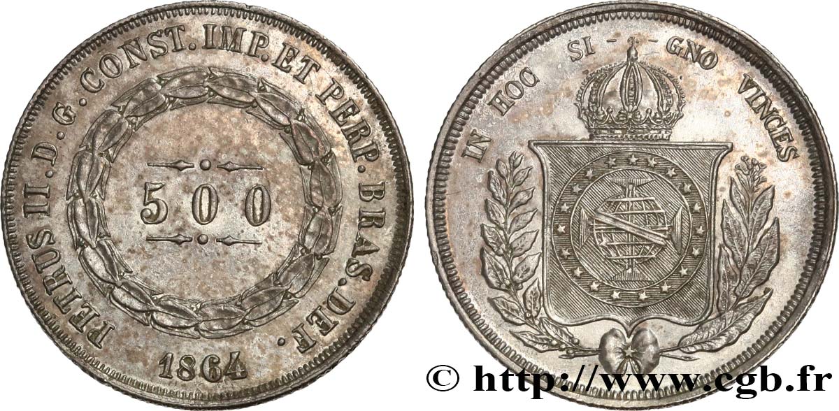 BRAZIL 500 Reis Pierre II 1864  AU 