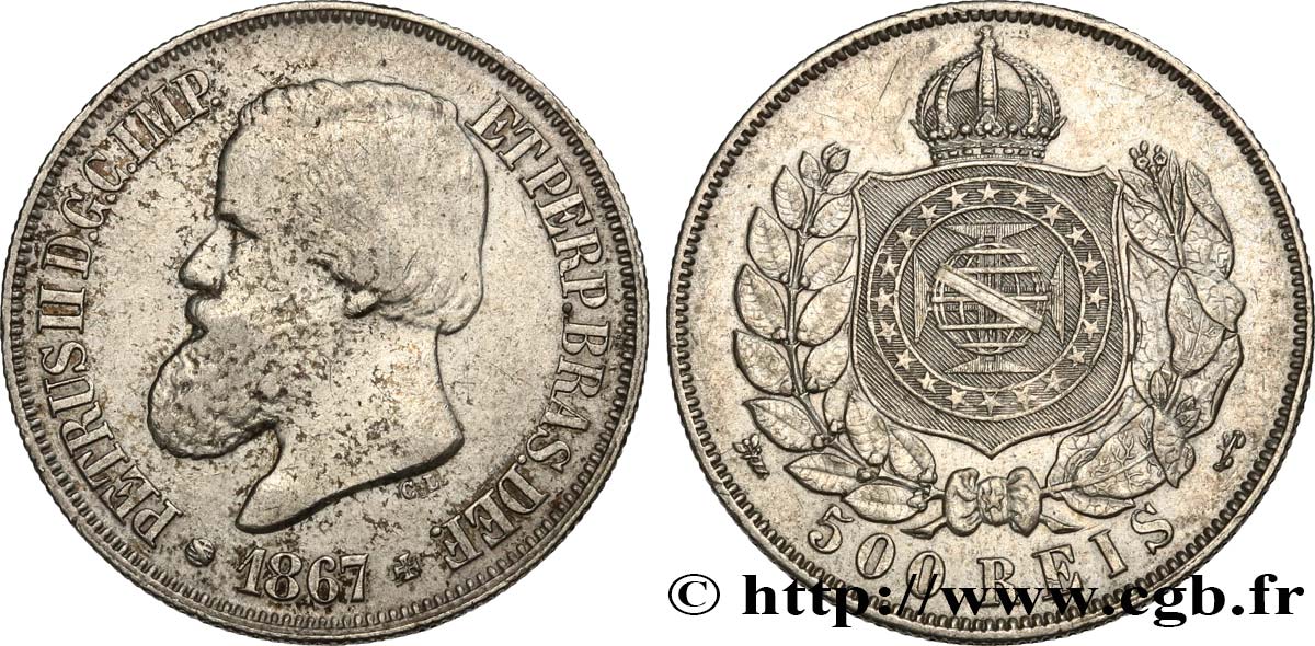 BRASILE 500 Reis Empereur Pierre II 1867  BB/q.SPL 