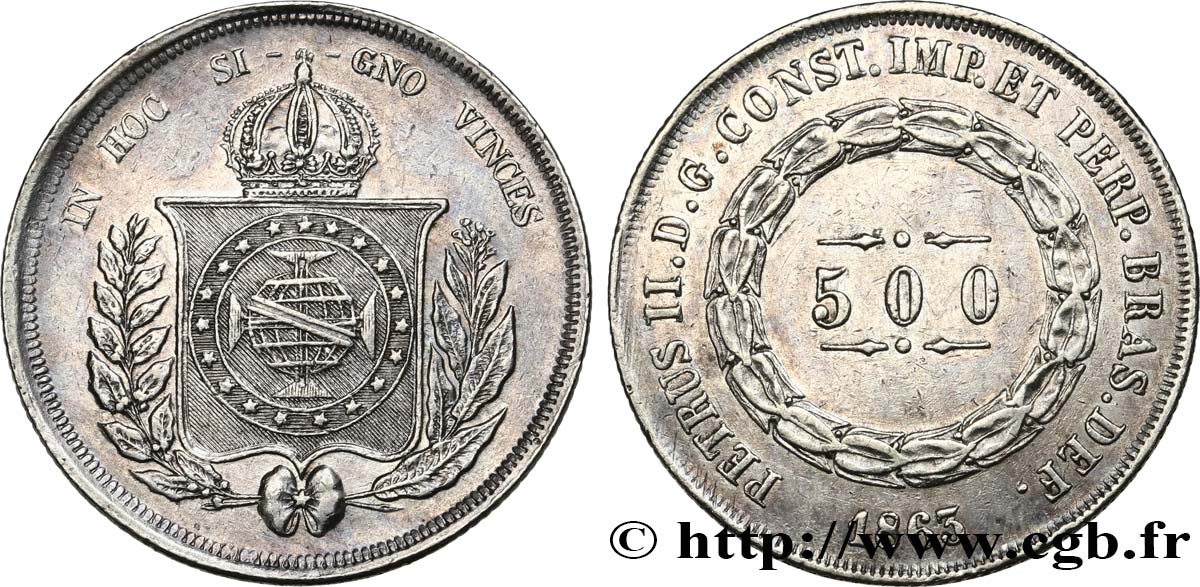 BRAZIL 500 Reis Pierre II 1863  AU 
