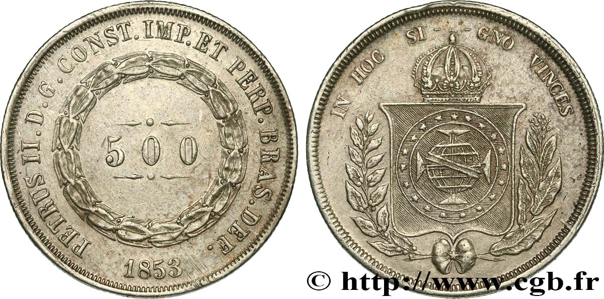 BRAZIL 500 Reis Pierre II 1853  AU 