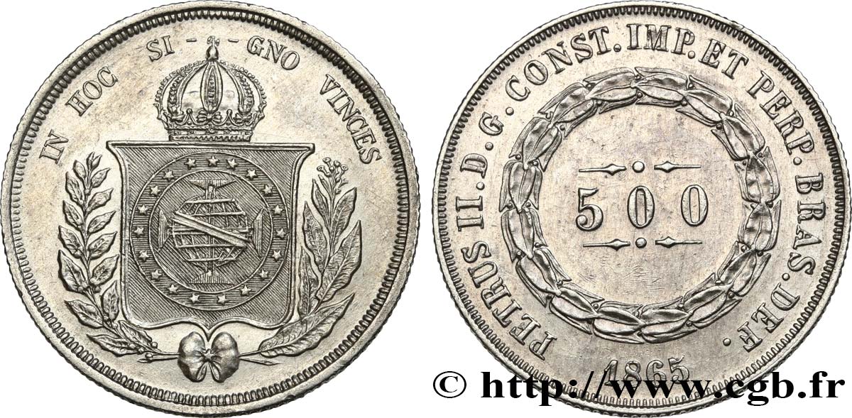 BRASILIEN 500 Reis Empereur Pierre II 1865  VZ 