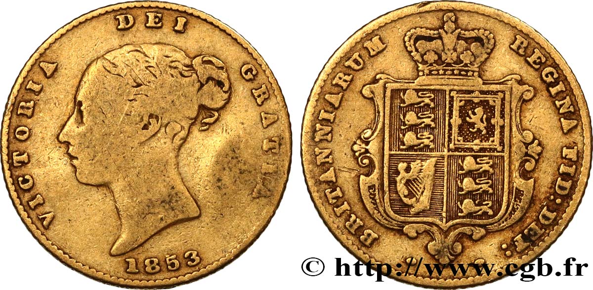 INVESTMENT GOLD 1/2 Souverain Victoria buste jeune 1853 Londres BC+ 