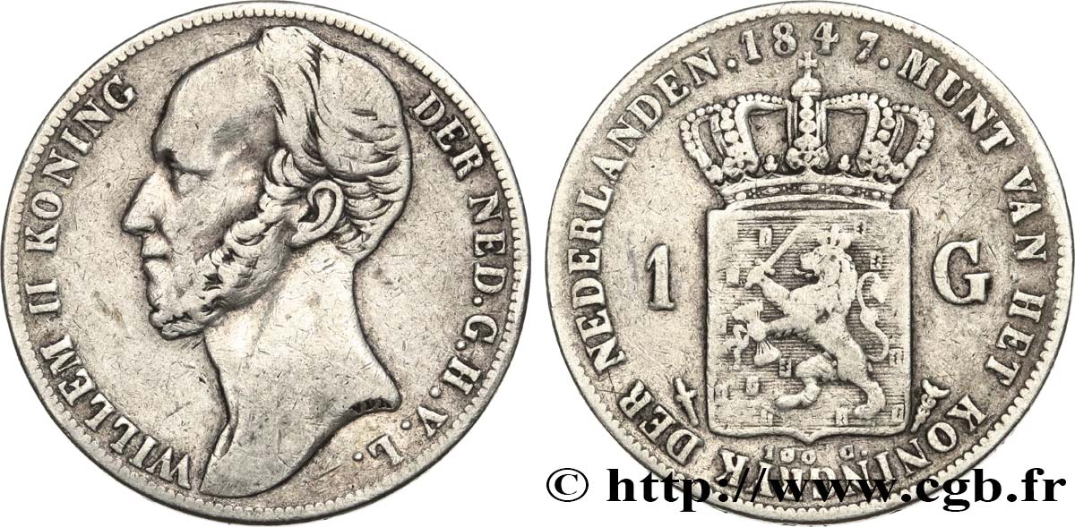 NETHERLANDS 1 Gulden Guillaume II 1847 Utrecht VF 