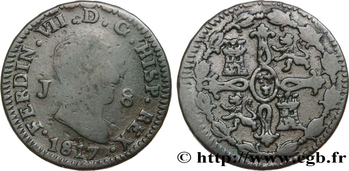 ESPAGNE 8 Maravedis Ferdinand VII 1817 Jubia TB 