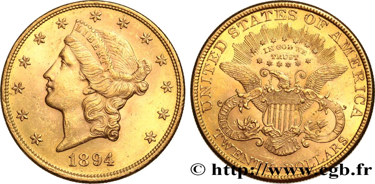 INVESTMENT GOLD 20 Dollars  Liberty  1894 Philadelphie SPL 