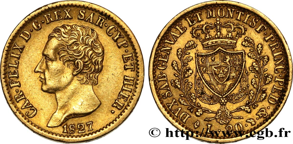 ITALY - KINGDOM OF SARDINIA 20 Lire Charles Félix 1827 Turin AU 