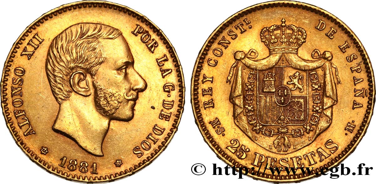 ESPAÑA 25 Pesetas Alphonse XII 1881 Madrid EBC 