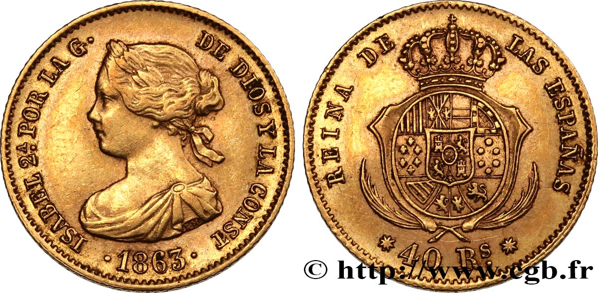 ESPAGNE - ROYAUME D ESPAGNE - ISABELLE II 40 Reales 1863 Barcelone q.SPL 