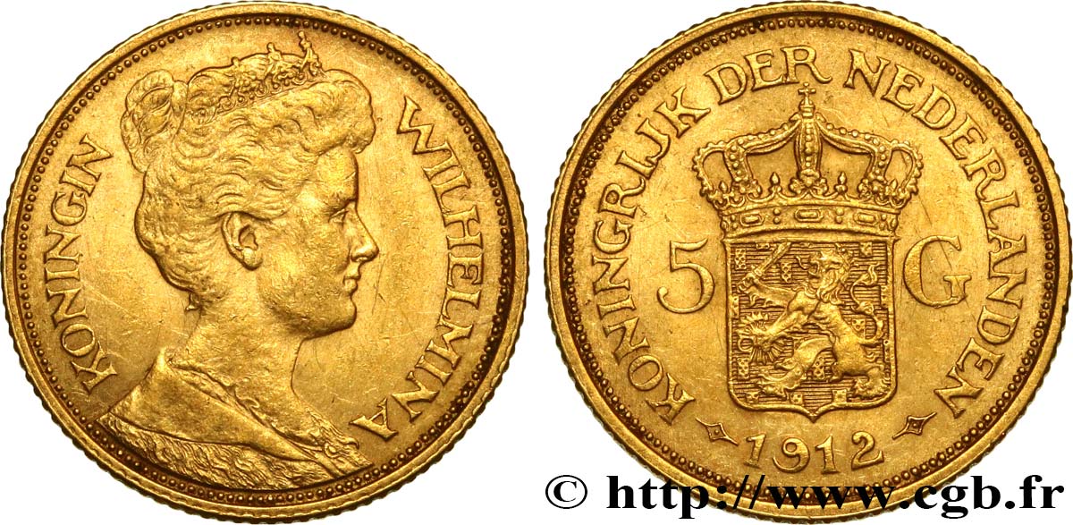 NETHERLANDS 5 Gulden Wilhelmina 1912 Utrecht AU/AU 