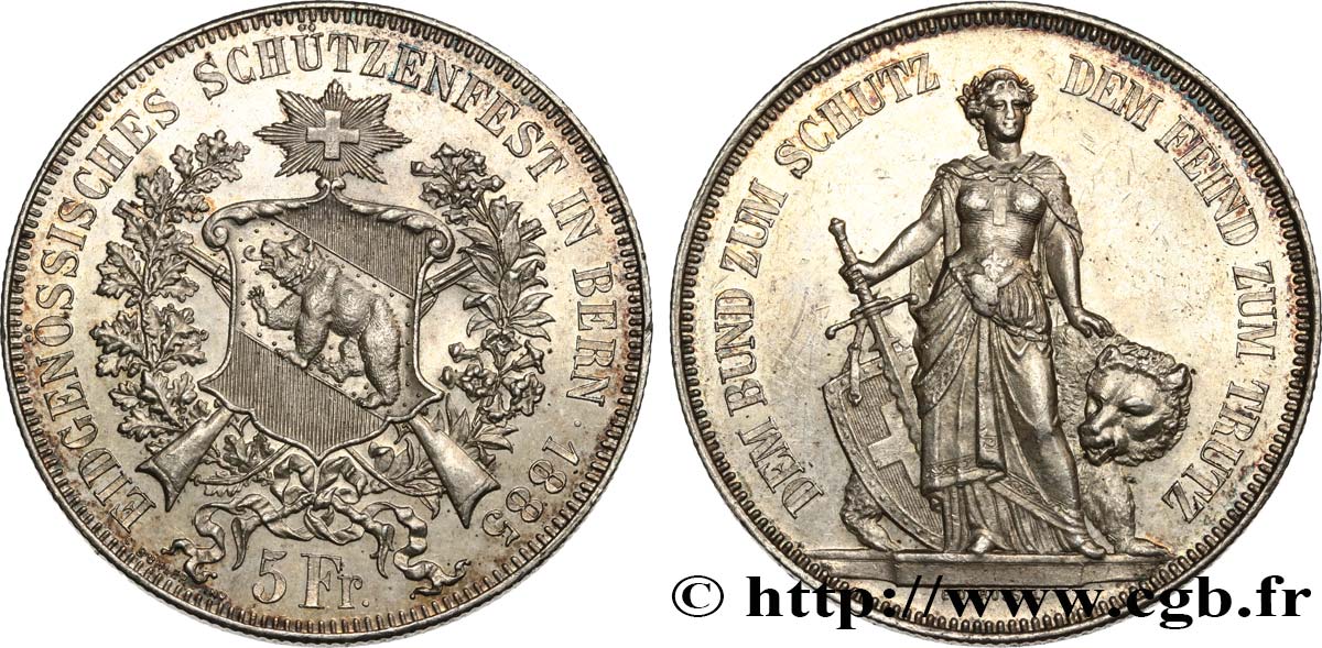 SWITZERLAND 5 Francs, concours de Tir de Berne 1885  MS/AU 