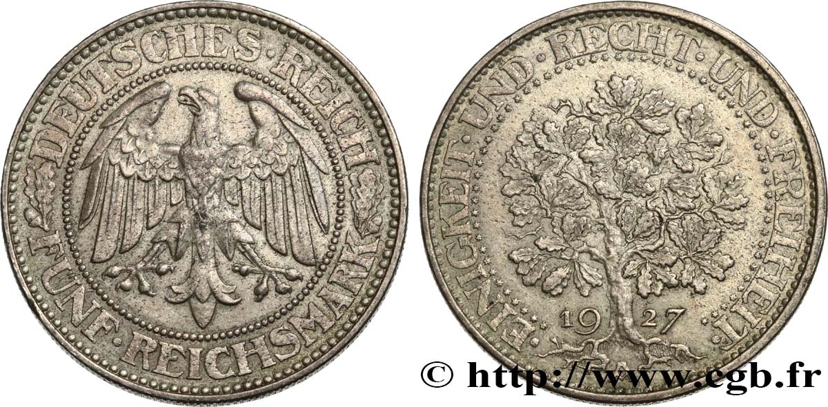 DEUTSCHLAND 5 Reichsmark 1927 Berlin fVZ/VZ 