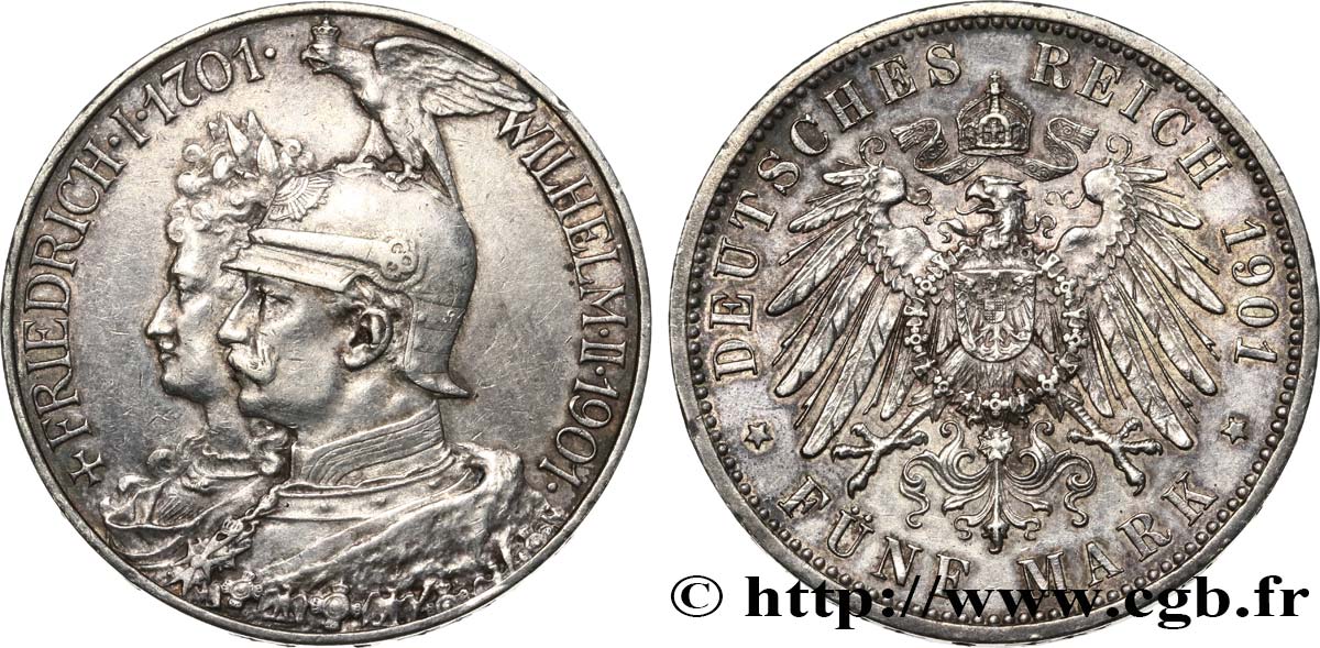 ALEMANIA - PRUSIA 5 Mark Guillaume II 200e anniversaire de la Prusse 1901 Berlin MBC+/EBC 