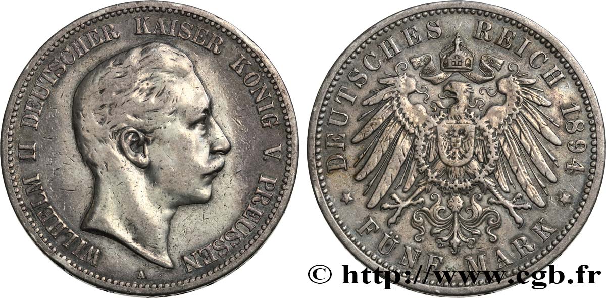 ALEMANIA - PRUSIA 5 Mark Guillaume II 1894 Berlin BC+/MBC 
