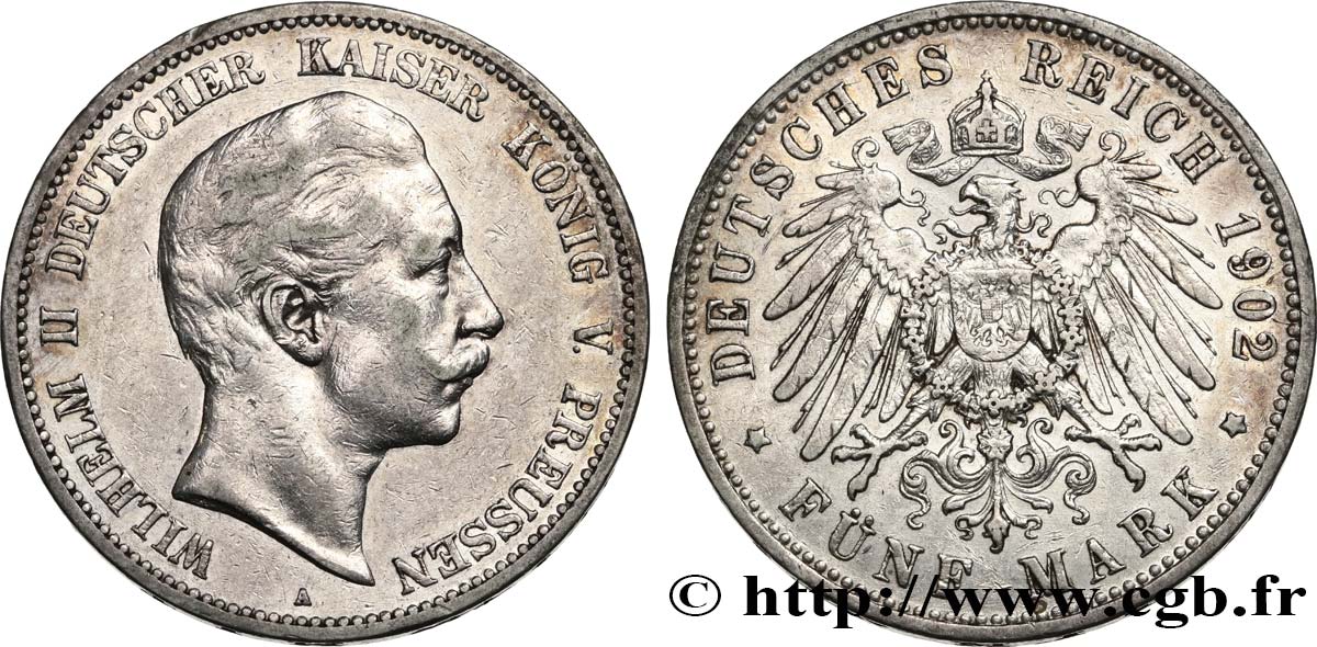ALLEMAGNE - PRUSSE 5 Mark Guillaume II 1902 Berlin TTB 