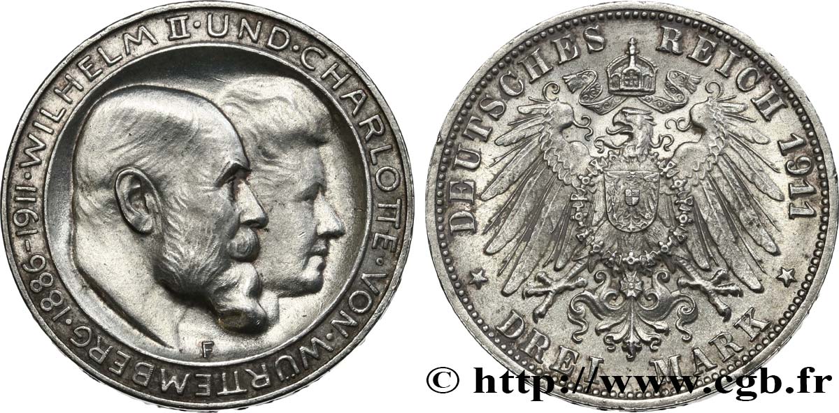 ALEMANIA - WURTEMBERG 3 Mark Guillaume II et Charlotte 1911 Stuttgart EBC 