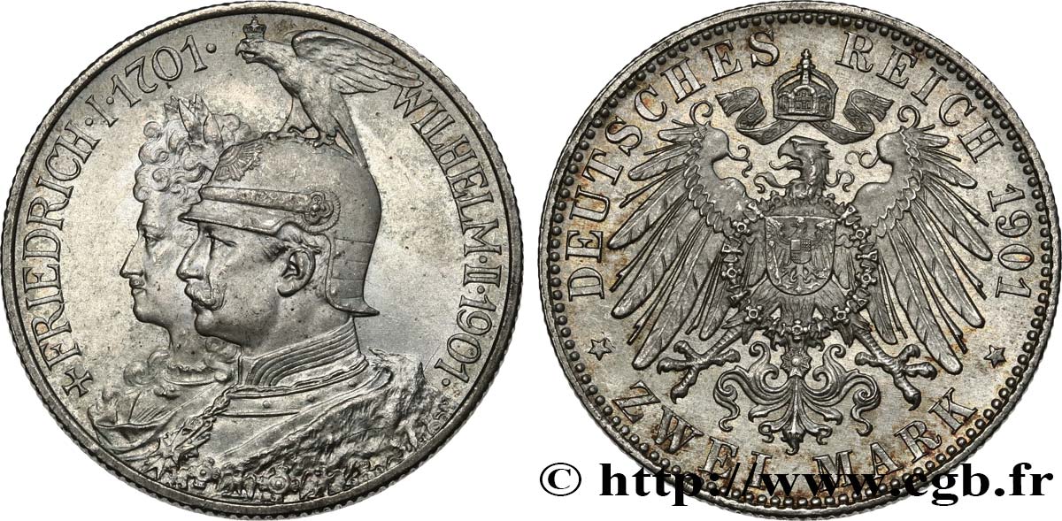 ALLEMAGNE - PRUSSE 2 Mark Guillaume II 200e anniversaire de la Prusse 1901 Berlin SPL 