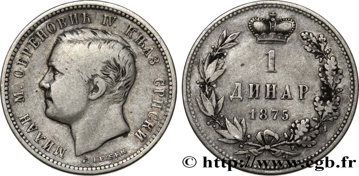 SERBIA 1 Dinar Milan Obrenovich IV 1875 Paris BC+ 