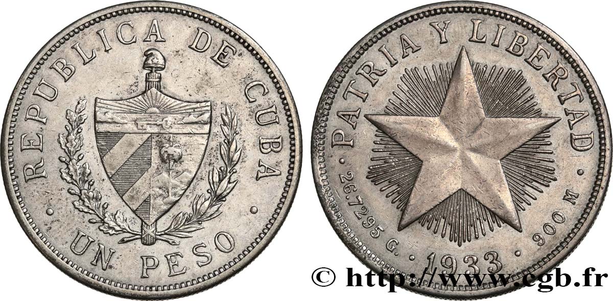 CUBA 1 Peso 1933  TTB+ 