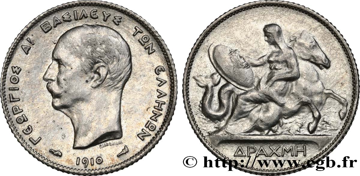 GREECE 1 Drachme Georges Ier 1910 Paris AU 