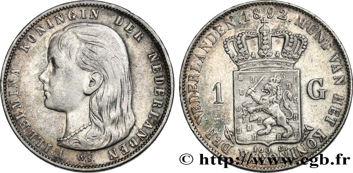 PAíSES BAJOS 1 Gulden Wilhelmina 1892 Utrecht BC+ 