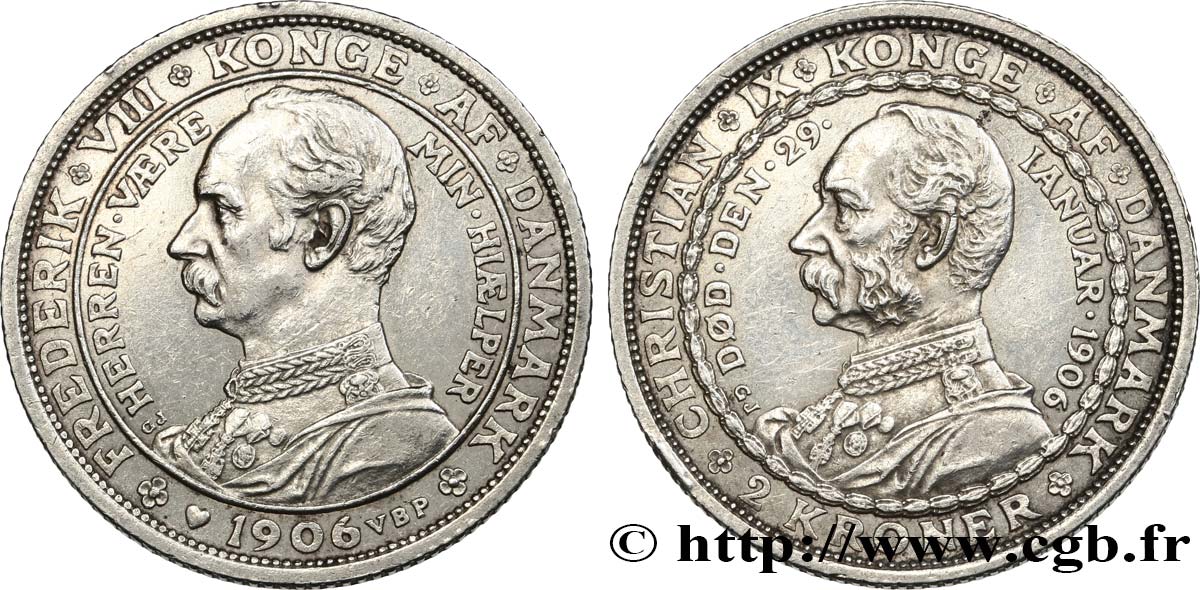 DINAMARCA 2 Kroner mort de Christian IX et accession de Frédéric VIII 1906 Copenhague SPL 