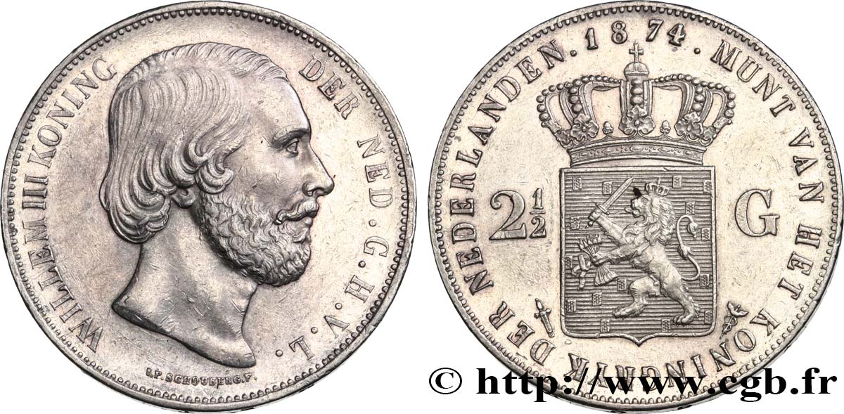 NETHERLANDS 2 1/2 Gulden Guillaume III 1874 Utrecht AU 