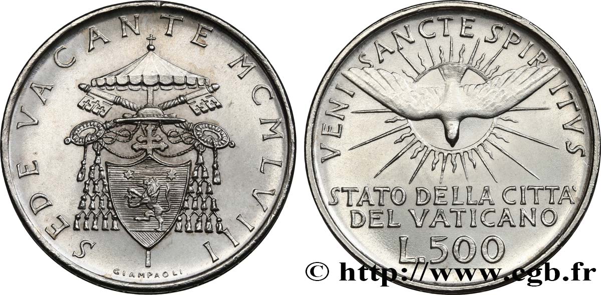 VATICAN AND PAPAL STATES 500 Lire Sede Vacante Colombe et armes du cardinal Benedetto Aloisi Masella 1958 Rome MS 