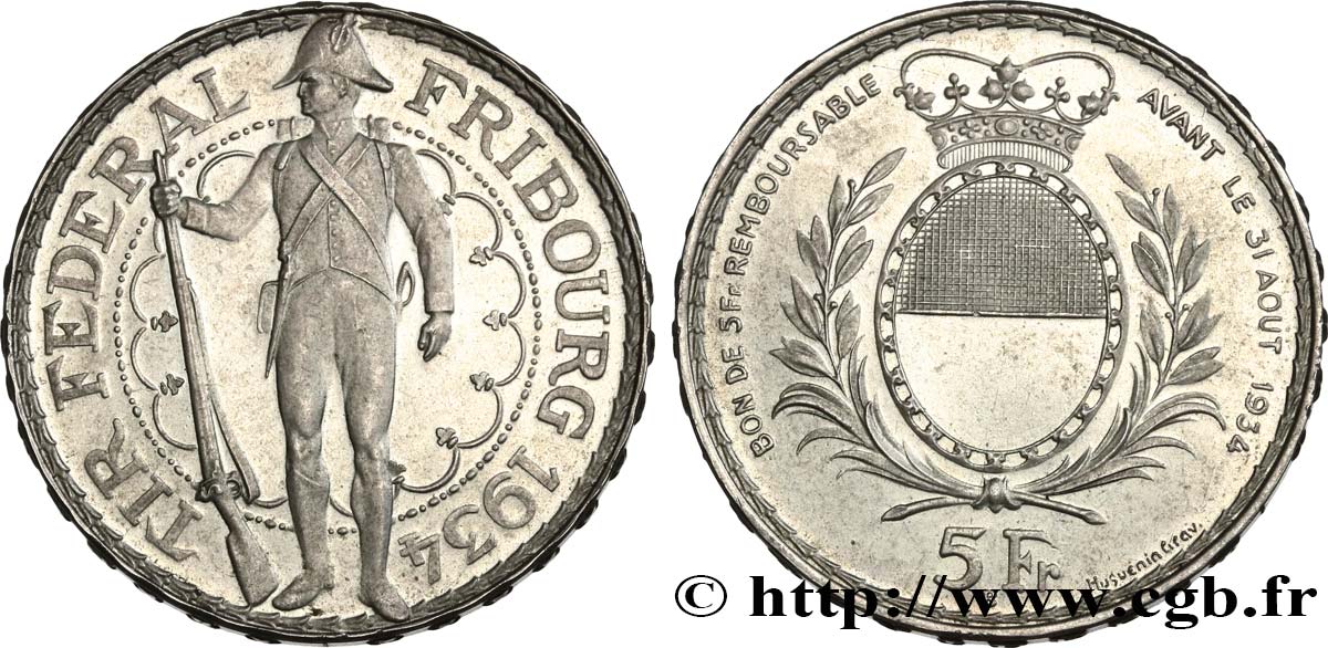 SCHWEIZ 5 Francs, monnaie de Tir, Fribourg 1934 Le Locle VZ 