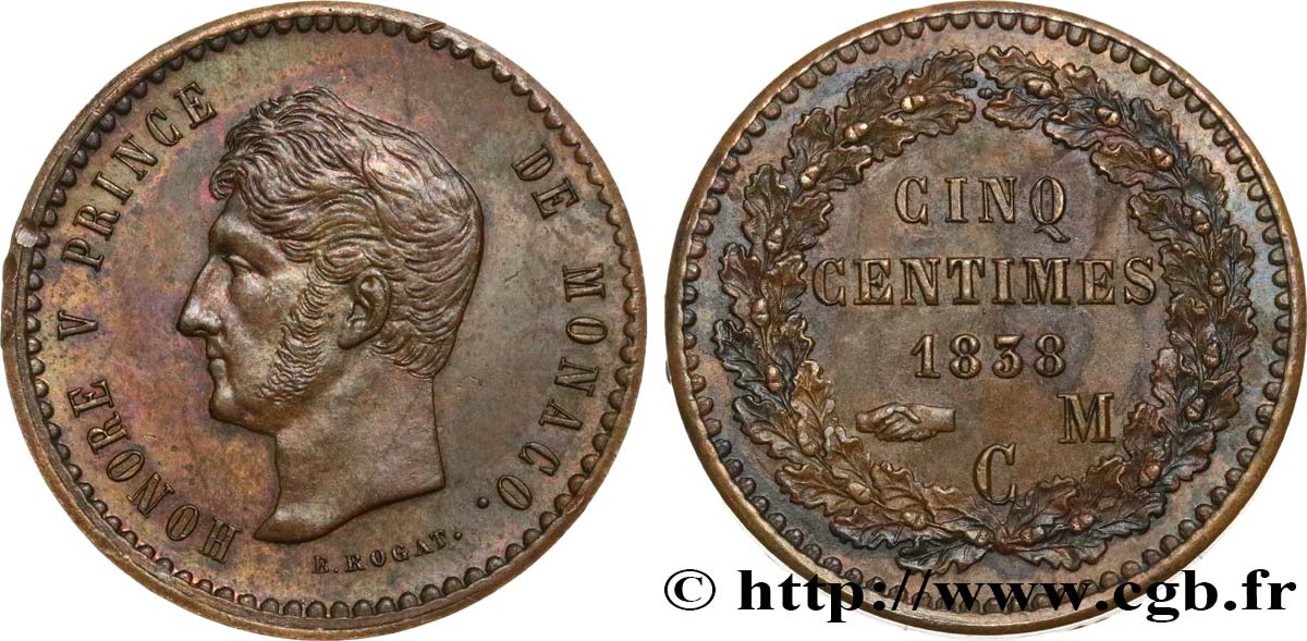 MONACO - HONORÉ V Epreuve de 5 centimes  1838 Monaco SC 