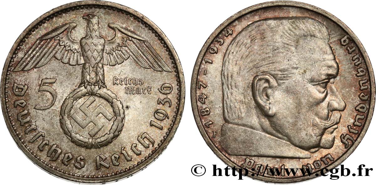 ALEMANIA 5 Reichsmark Maréchal Paul von Hindenburg 1936 Stuttgart SC 