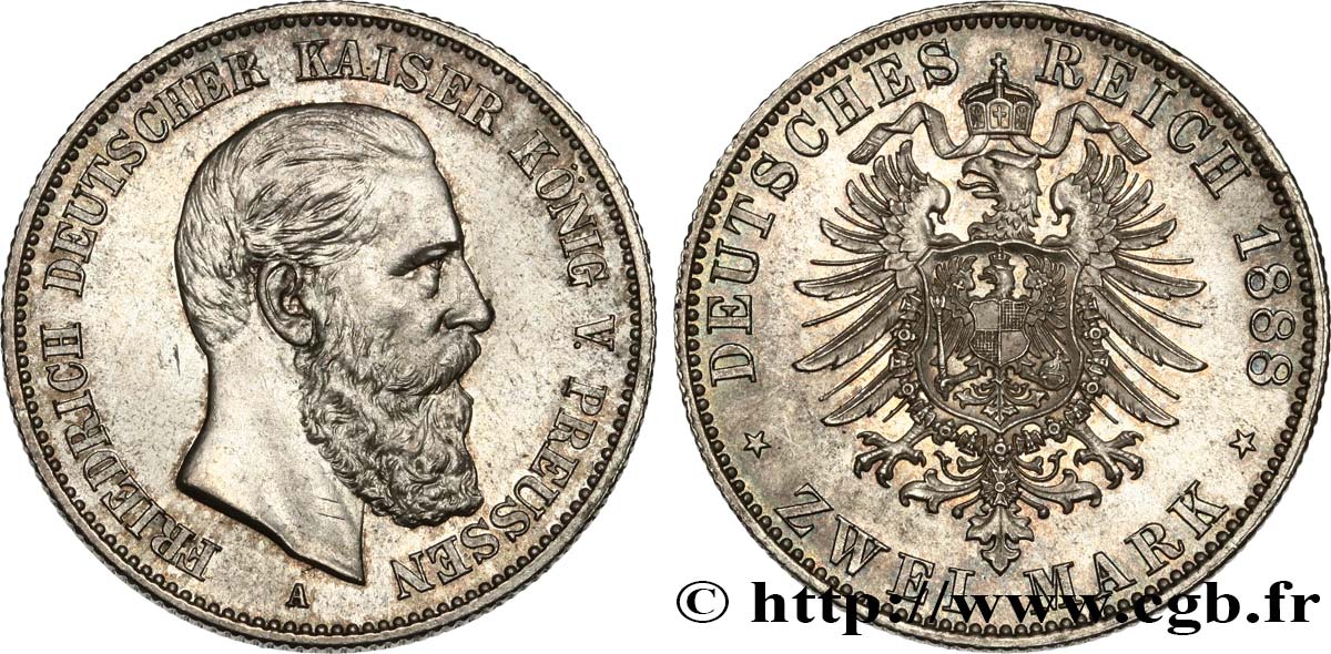 GERMANY - KINGDOM OF PRUSSIA - FREDERICK III 2 Mark 1888 Berlin MS 