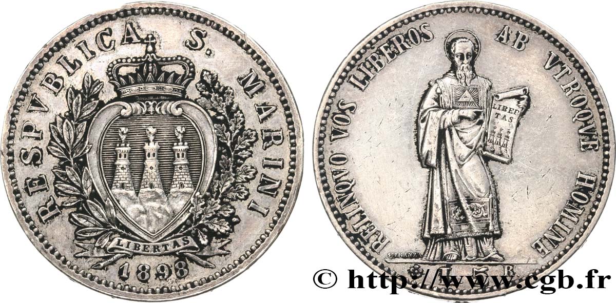 RÉPUBLIQUE DE SAINT- MARIN 5 Lire 1898 Rome TTB 