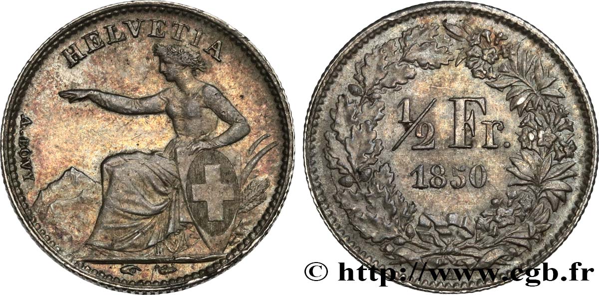 SUISSE 1/2 Franc Helvetia 1850 Paris TTB+/SUP 