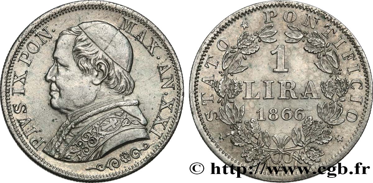 VATIKANSTAAT UND KIRCHENSTAAT 1 Lire Pie IX type grand buste an XXI 1866 Rome VZ/fST 