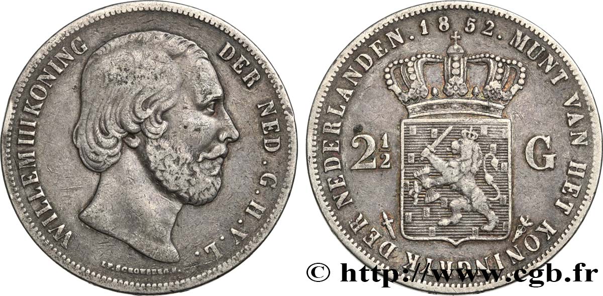 PAíSES BAJOS 2 1/2 Gulden Guillaume III 1852 Utrecht BC+ 